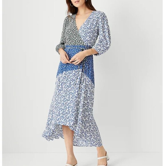 Ann Taylor 4 Petite true wrap dress balloon sleeve blue green floral - Picture 1 of 15